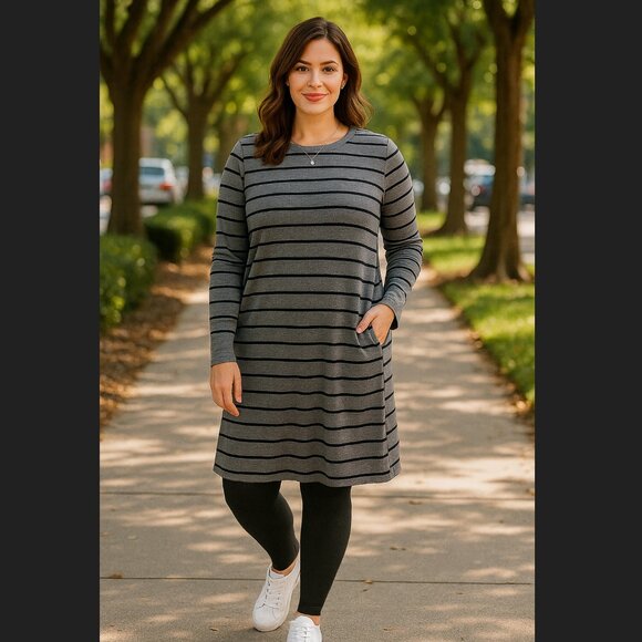 J. Jill Dresses & Skirts - J. Jill Stripe Dress Medium TALL Gray Terry Cotton Long Sleeve Pockets Boho Warm
